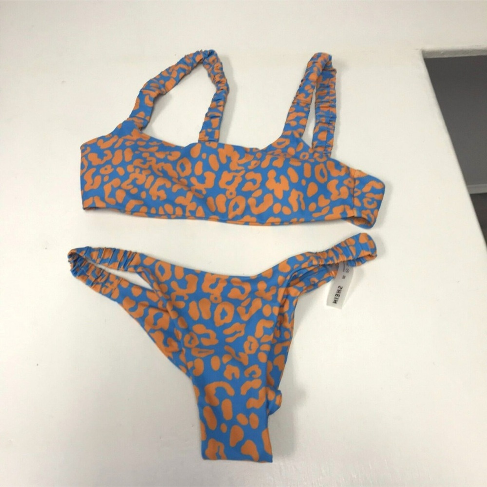 Shein 🧡Bikini Set Womens Medium Blue Orange Leopard Print Cheeky Ruffle High Cut